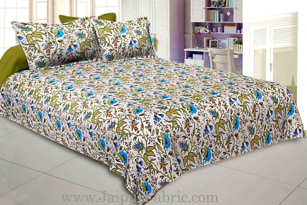 Green Blue Floral Hand Block Print Off White Base Pure Cotton Bedsheet with 2 Pillow Covers