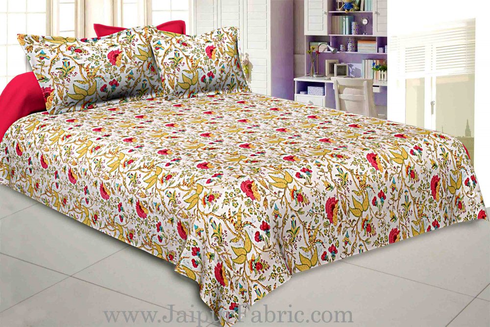 Pink Brown Floral Hand Block Print Off White Base Pure Cotton Bedsheet with 2 Pillow Covers