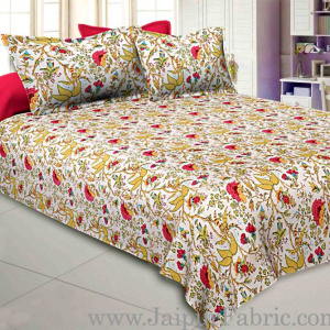 Pink Brown Floral Hand Block Print Off White Base Pure Cotton Bedsheet with 2 Pillow Covers