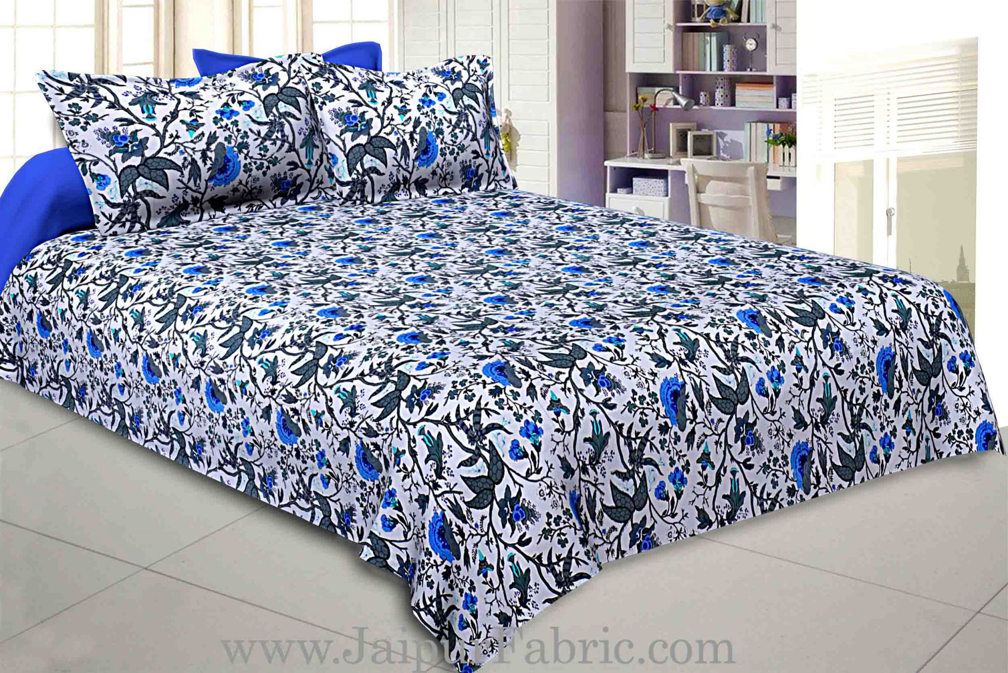 Blue Grey Floral Hand Block Print Off White Base Pure Cotton Bedsheet with 2 Pillow Covers
