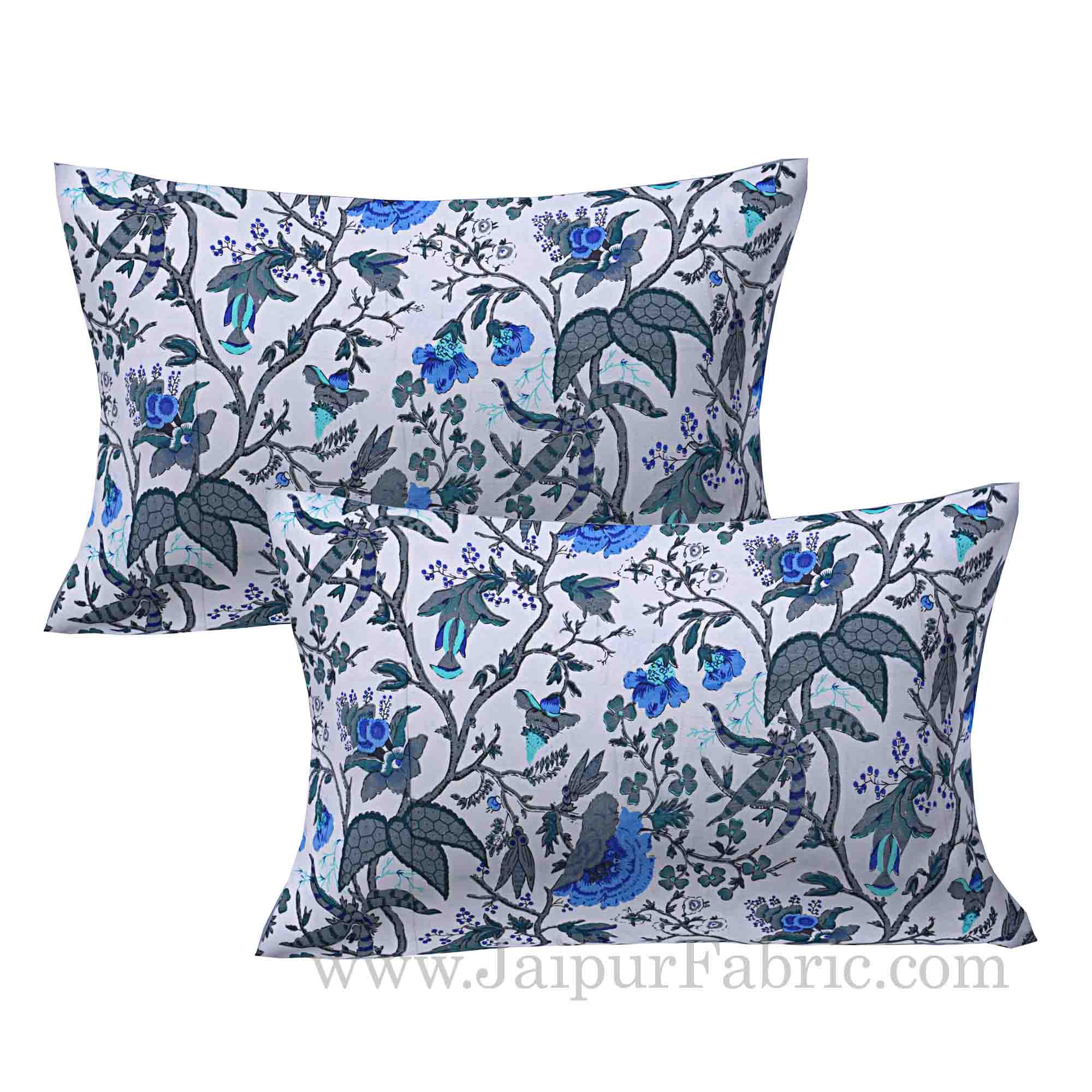 Blue Grey Floral Hand Block Print Off White Base Pure Cotton Bedsheet with 2 Pillow Covers