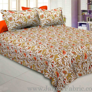Peach Green Floral Hand Block print Off White Base Pure Cotton Bedsheet with 2 Pillow Covers