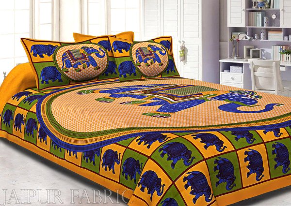 Yellow Base Elephant and Floral Printed Cotton Double Bed Sheet