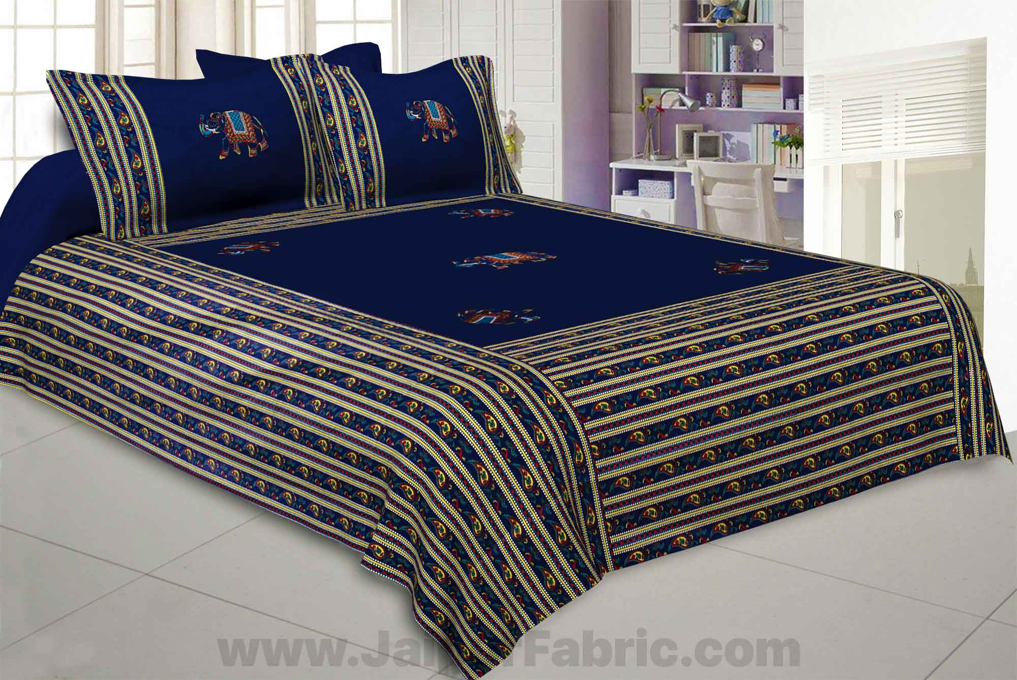 Applique Blue Elephant Jaipuri  Hand Made Embroidery Patch Work Double Bedsheet