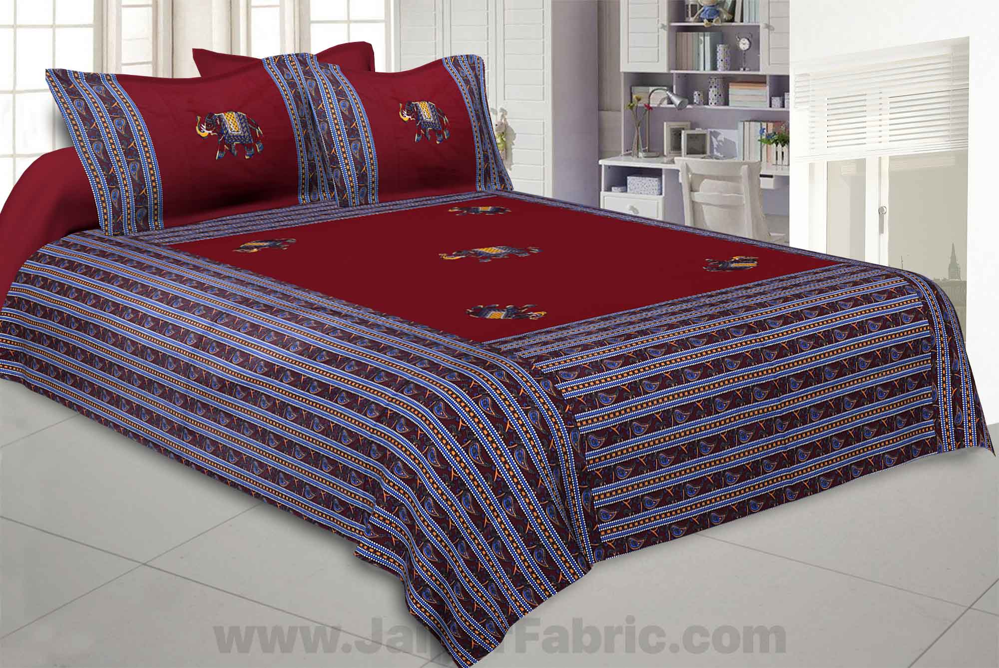 Applique Maroon Elephant Jaipuri  Hand Made Embroidery Patch Work Double Bedsheet
