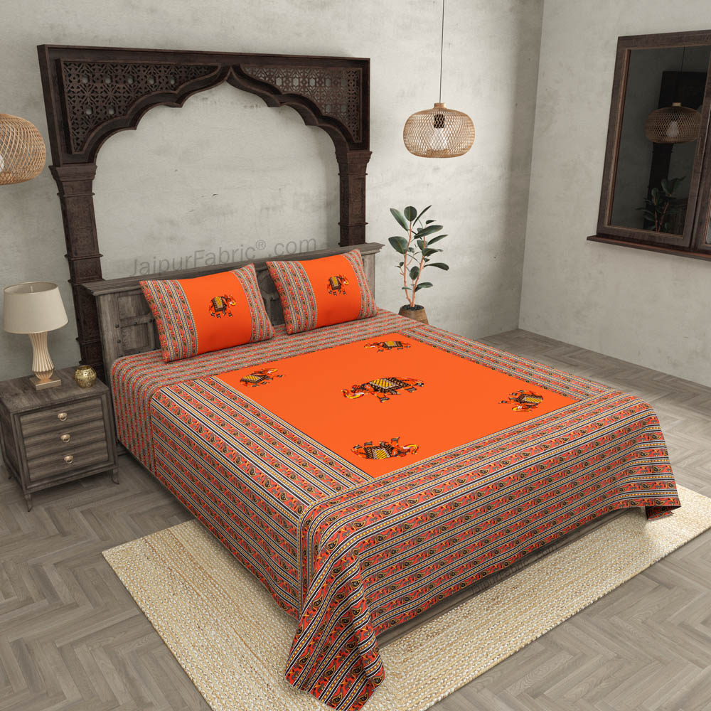 Applique Orange Elephant Jaipuri  Hand Made Embroidery Patch Work Double Bedsheet