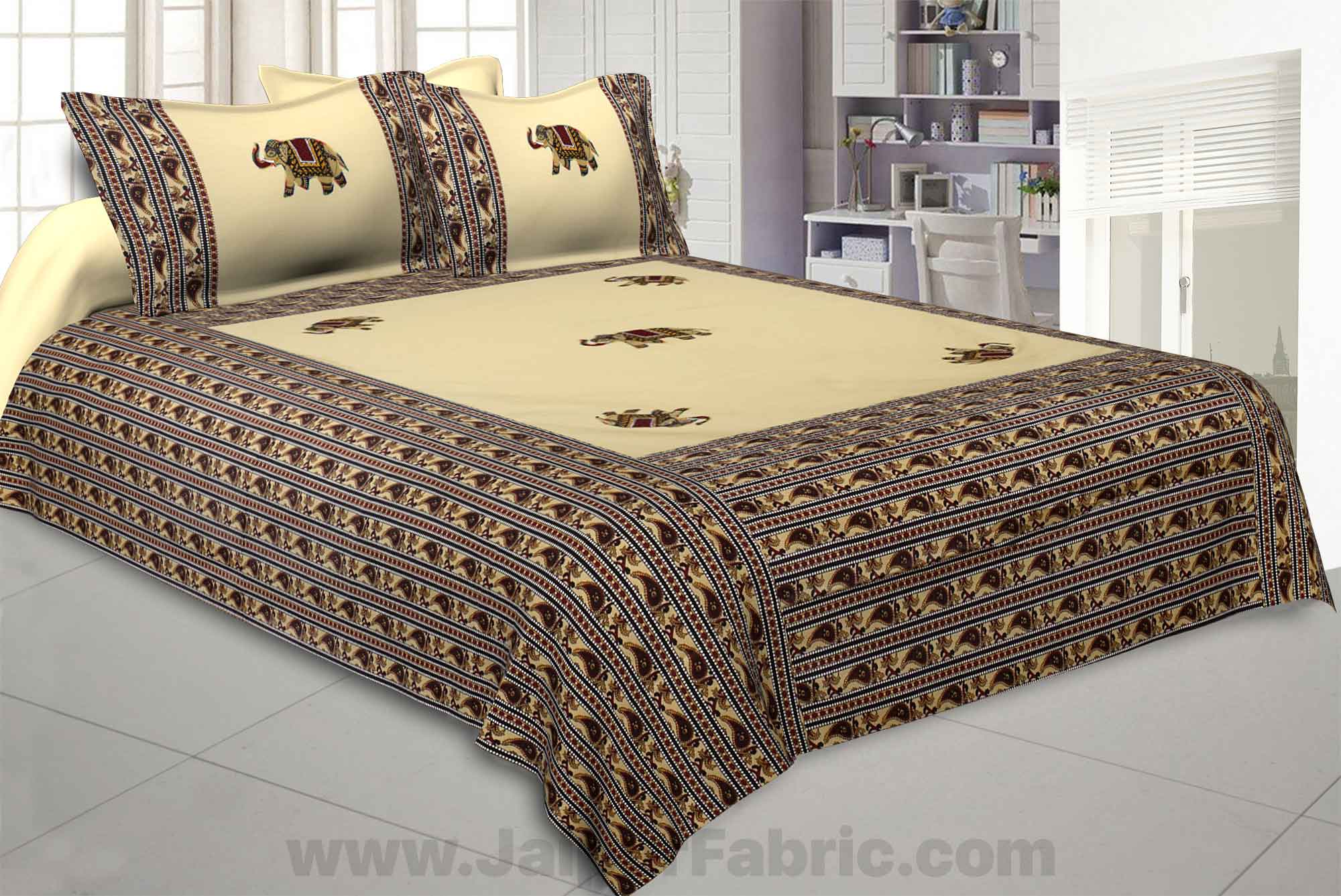 Applique Cream Elephant Jaipuri  Hand Made Embroidery Patch Work Double Bedsheet