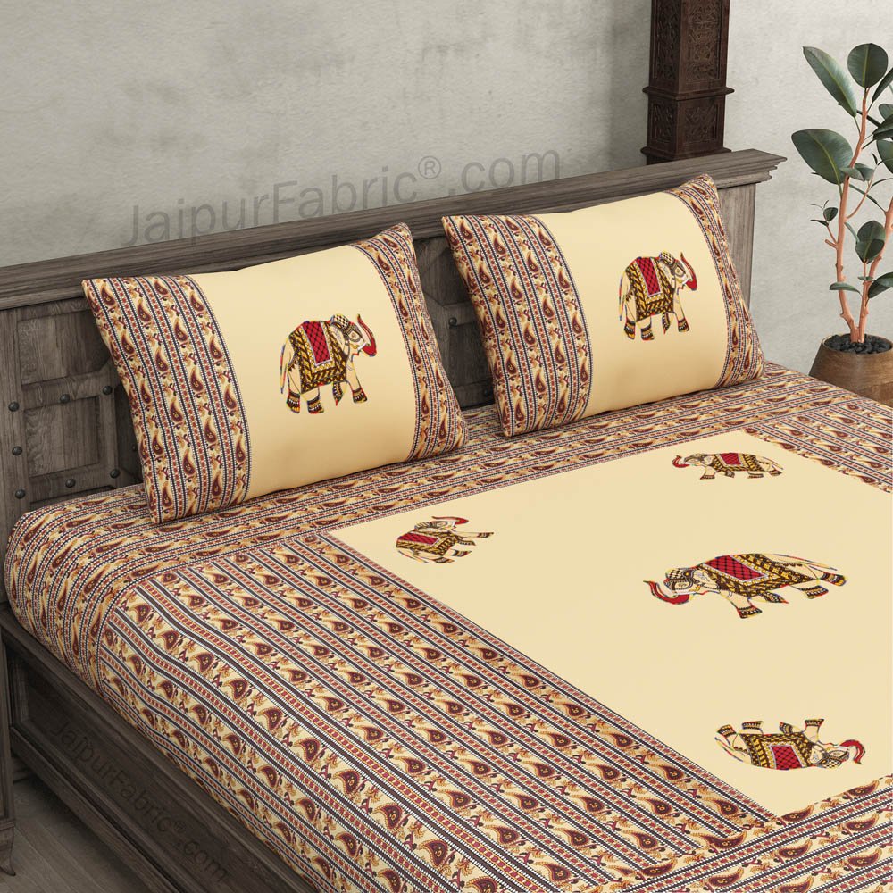 Applique Cream Elephant Jaipuri  Hand Made Embroidery Patch Work Double Bedsheet