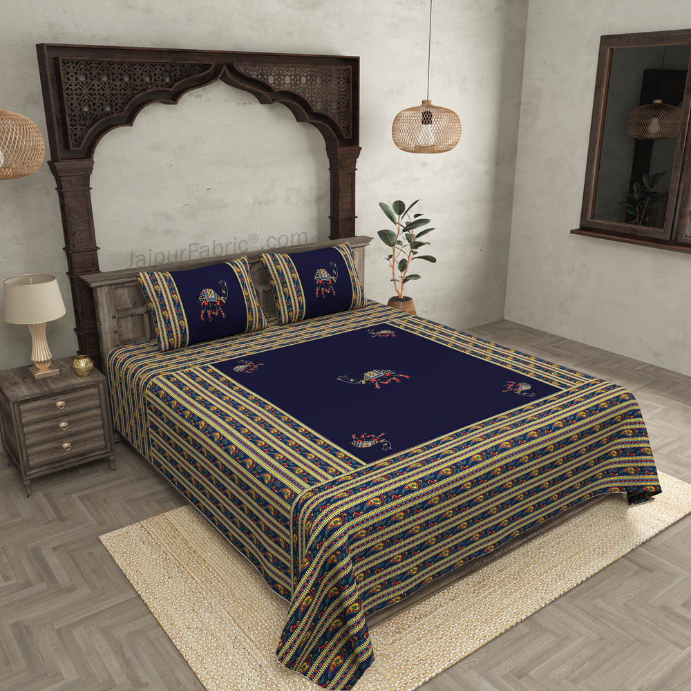 Applique Blue Camel Jaipuri  Hand Made Embroidery Patch Work Double Bedsheet