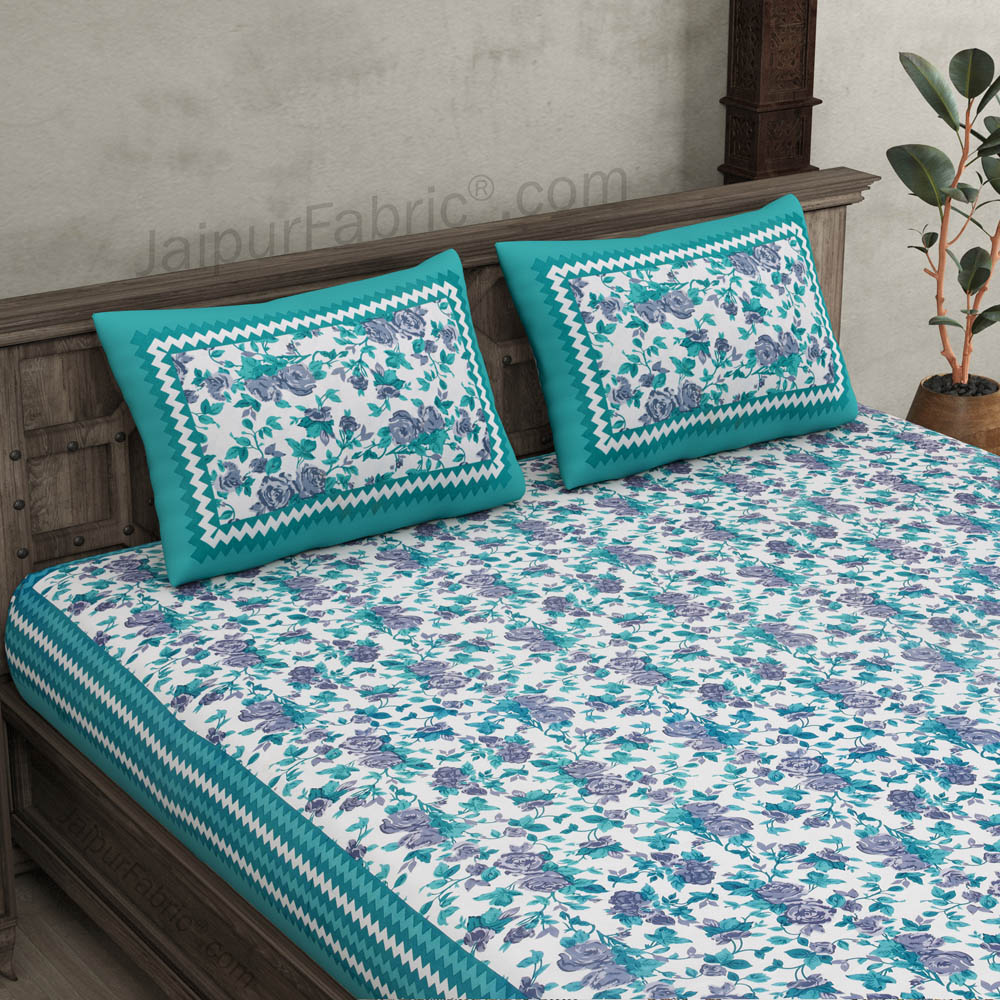 Turquoise Wavy Border and Floral Print Cotton Double Bed Sheet