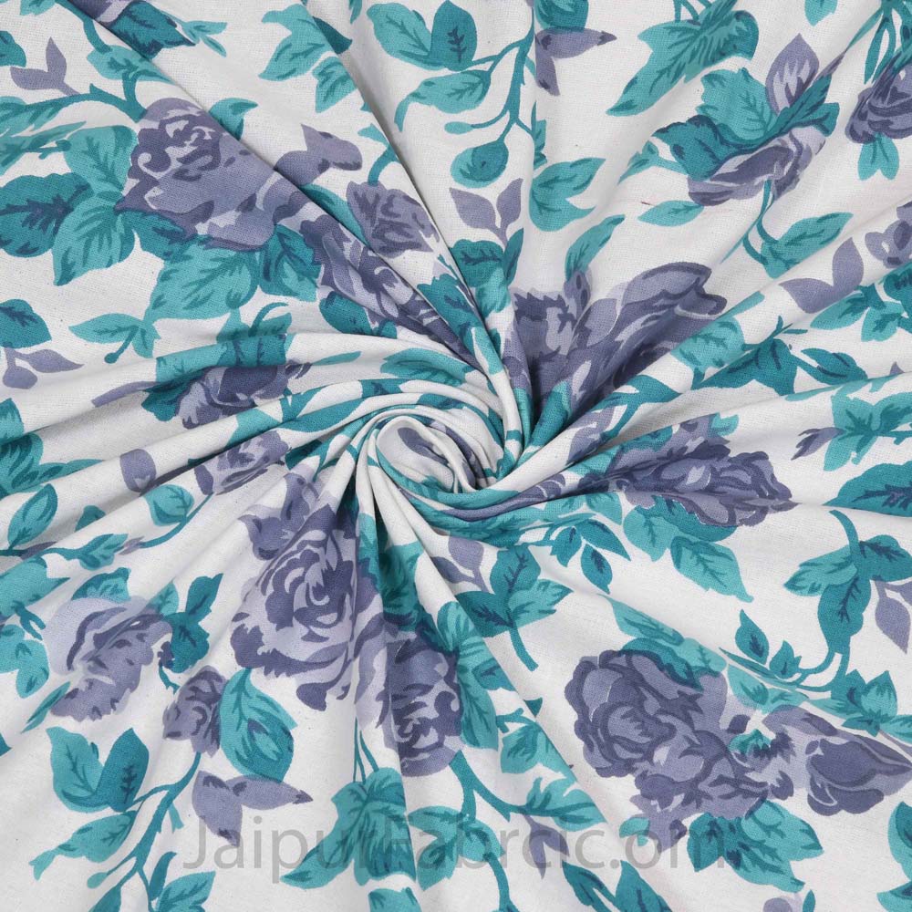 Turquoise Wavy Border and Floral Print Cotton Double Bed Sheet