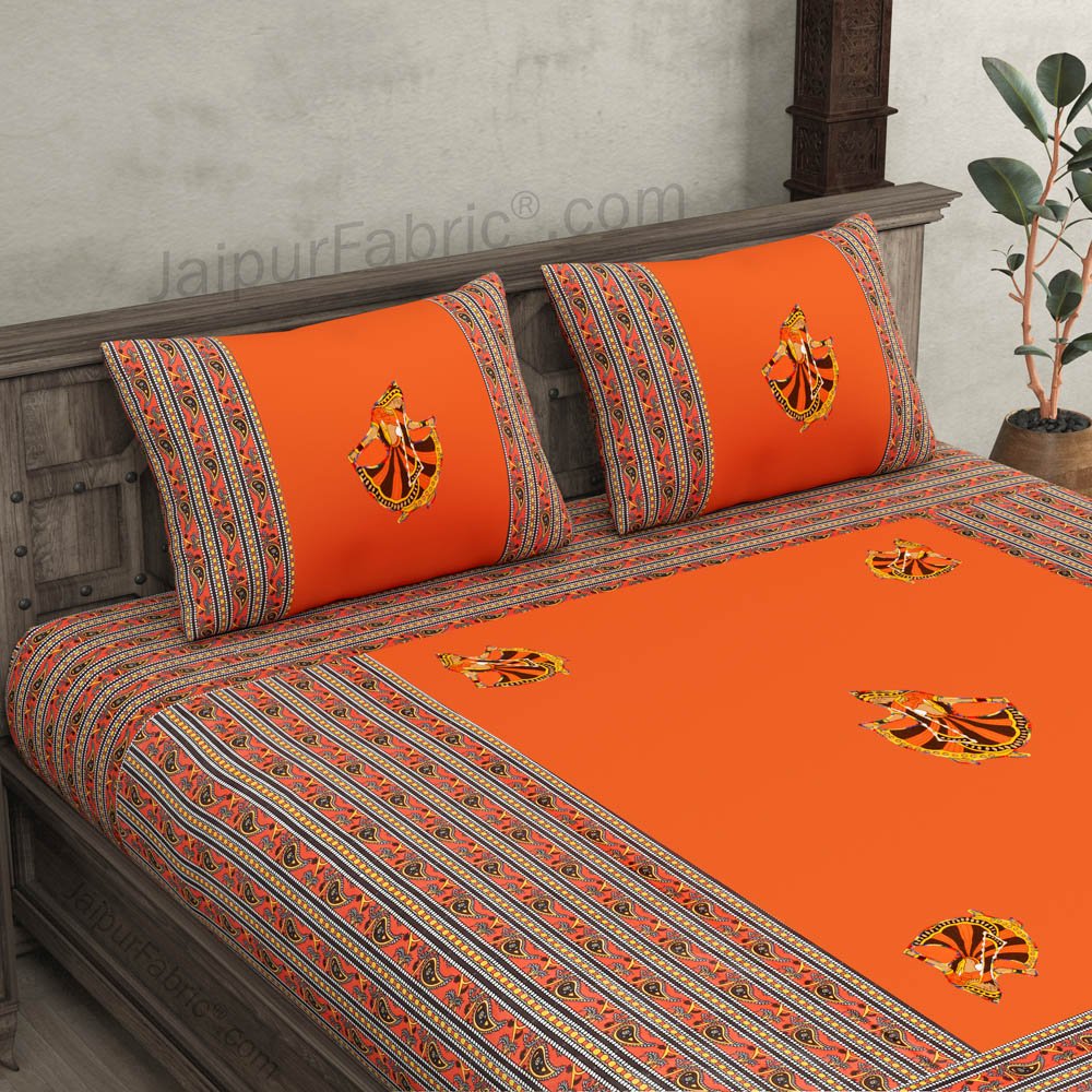 Applique Orange Gujri Jaipuri  Hand Made Embroidery Patch Work Double Bedsheet