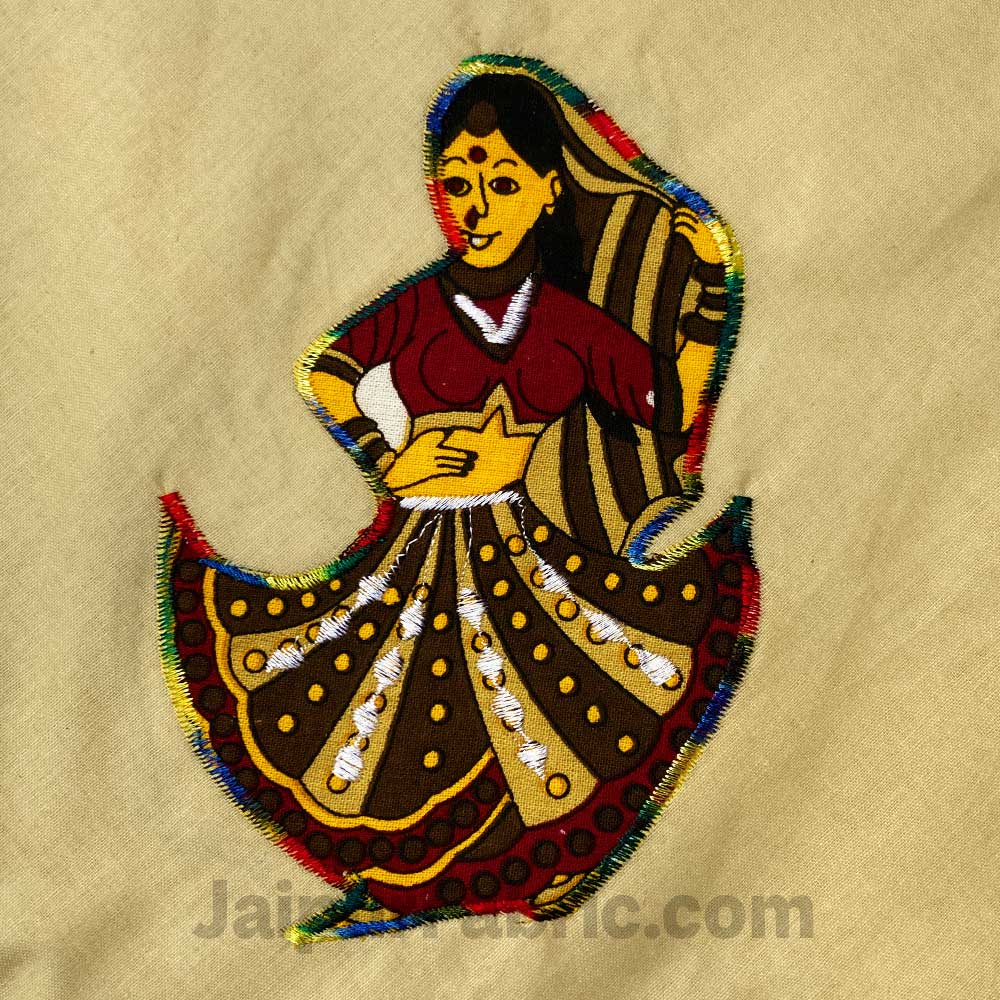 Applique Cream Rajasthani Dance Jaipuri  Hand Made Embroidery Patch Work Double Bedsheet
