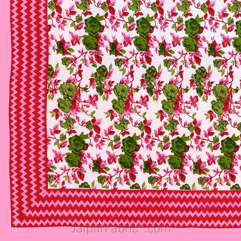 Pink Wavy Border and Floral Print Cotton Double Bed Sheet