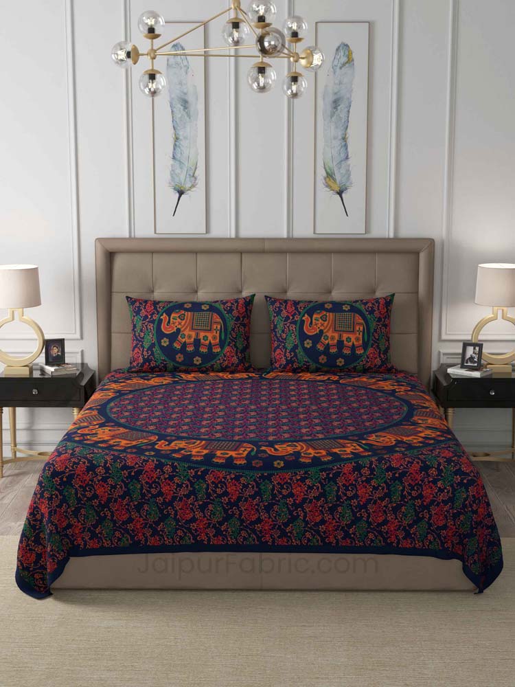 Blue Elephant Mandala Cotton Double Bedsheet