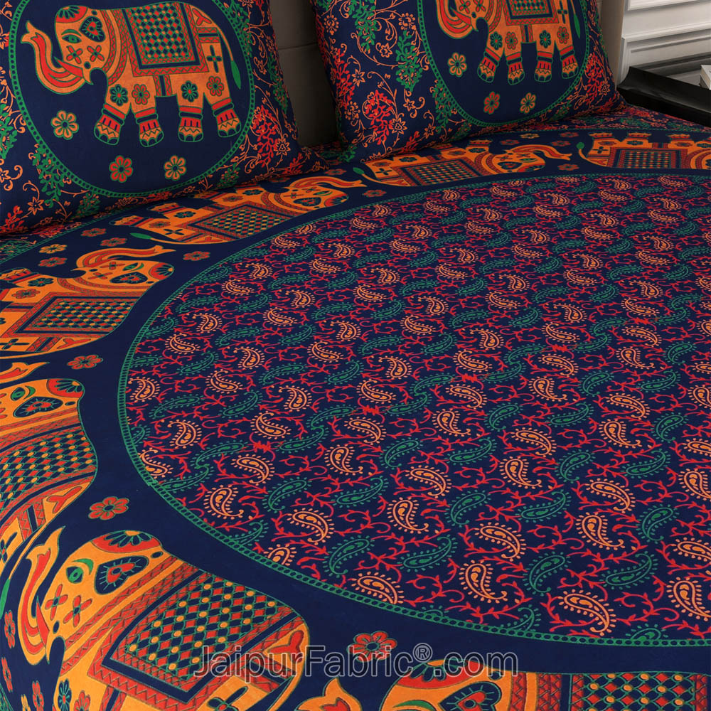 Blue Elephant Mandala Cotton Double Bedsheet