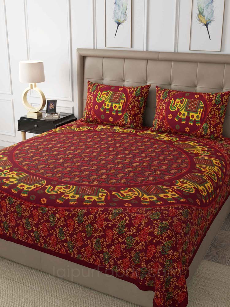 Maroon Elephant Mandala Cotton Double Bedsheet