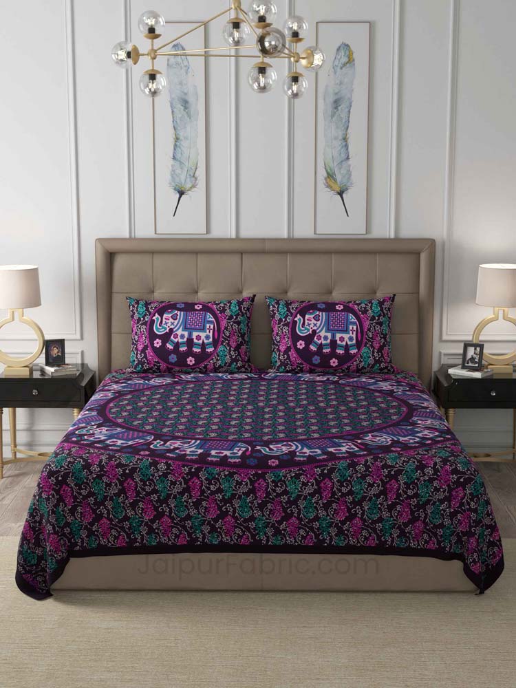 Violet Elephant Mandala Cotton Double Bedsheet