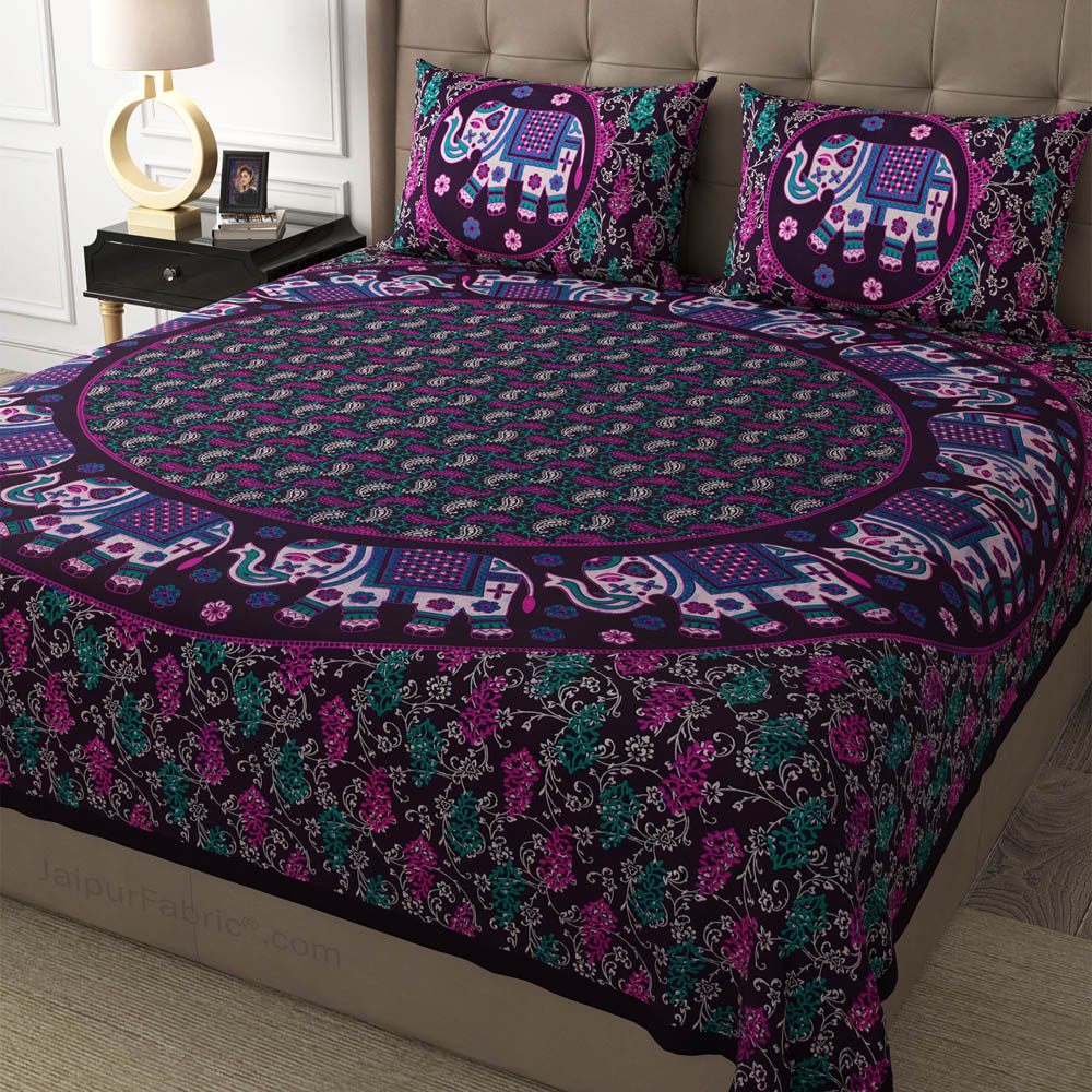 Violet Elephant Mandala Cotton Double Bedsheet