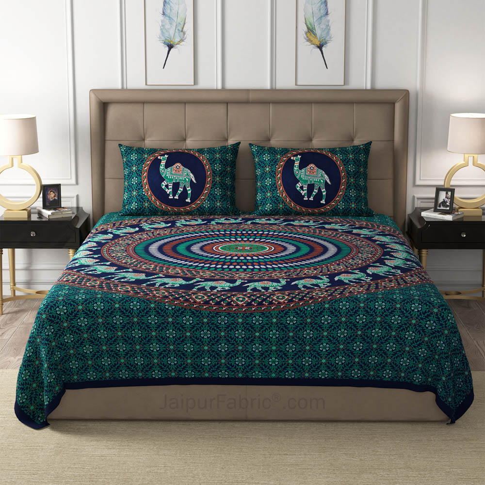 Green Camel Mandala Cotton Double Bedsheet