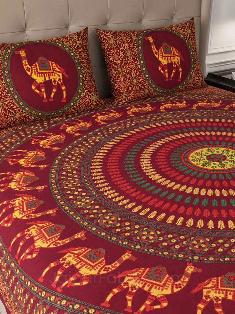Maroon Camel Mandala Cotton Double Bedsheet