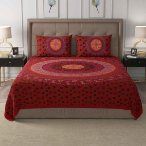 Red Rangoli Mandala Cotton Double Bedsheet