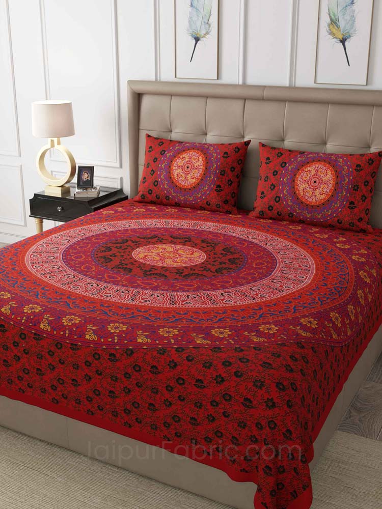 Red Rangoli Mandala Cotton Double Bedsheet