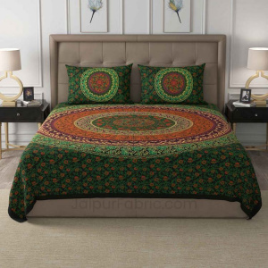 Green Rangoli Mandala Cotton Double Bedsheet