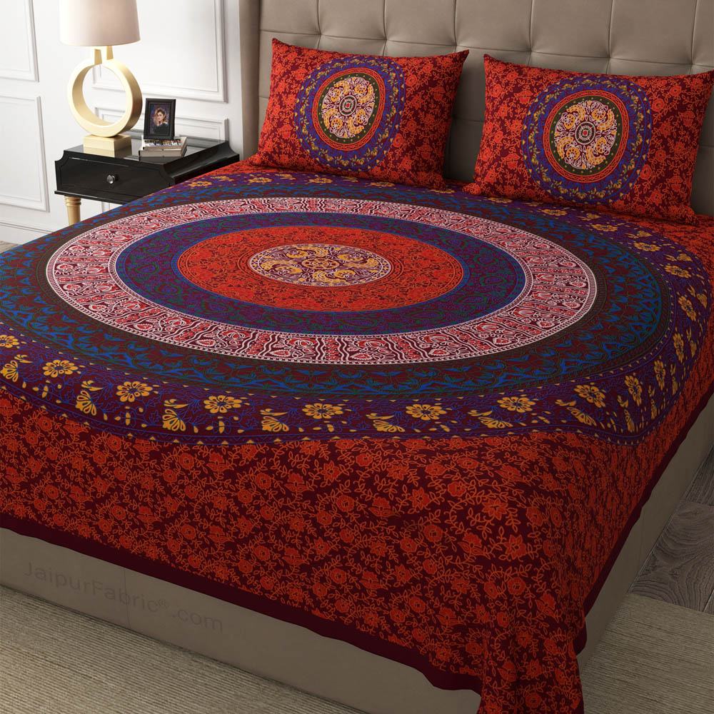 Maroon Rangoli Mandala Cotton Double Bedsheet