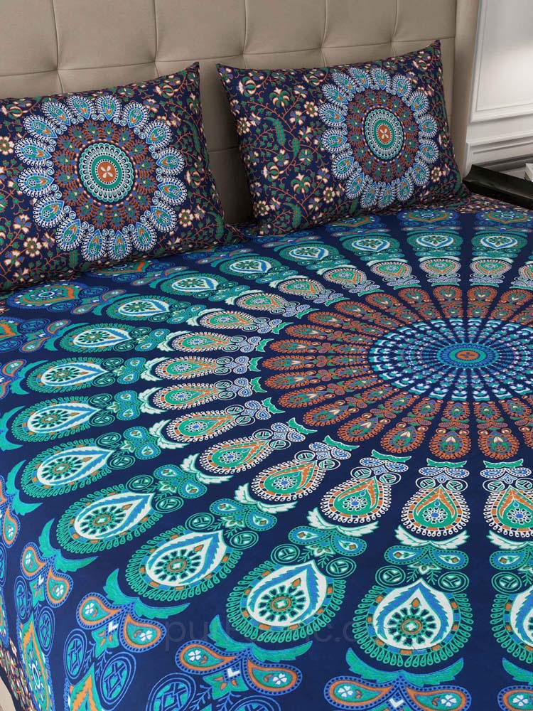Blue Peacock Feather Mandala Cotton Double Bedsheet