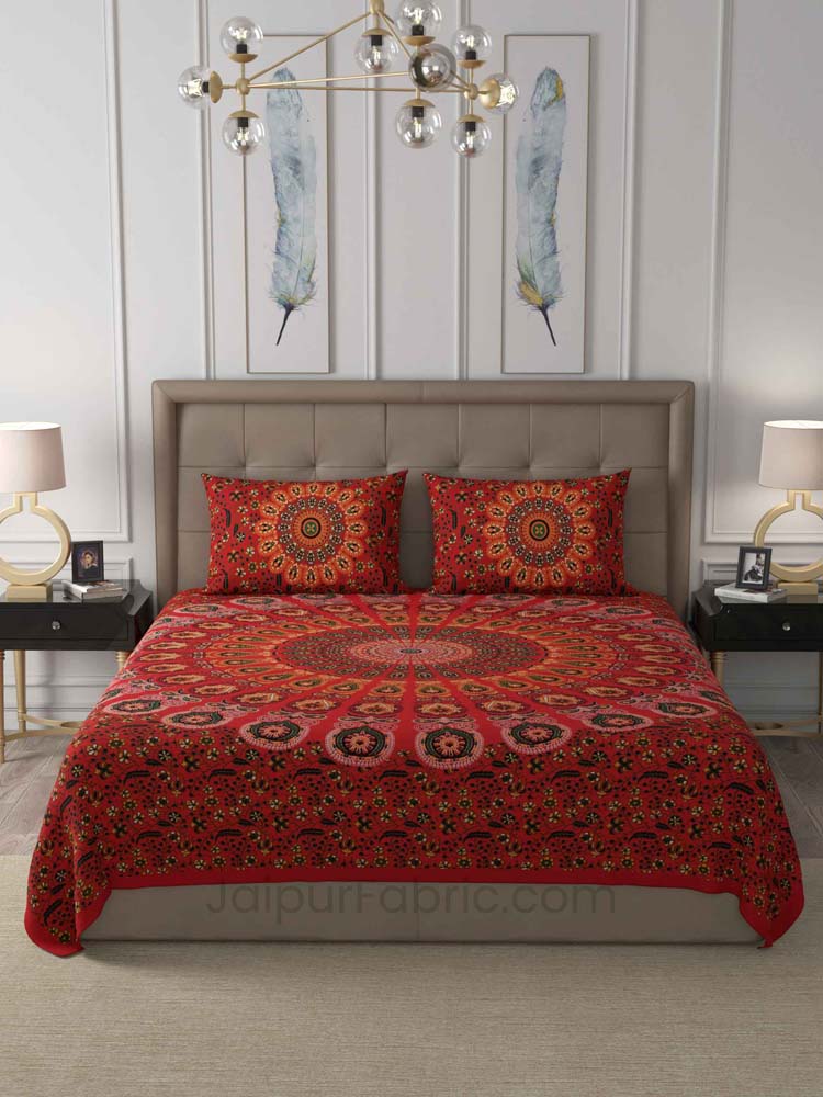 Red Peacock Feather Mandala Cotton Double Bedsheet