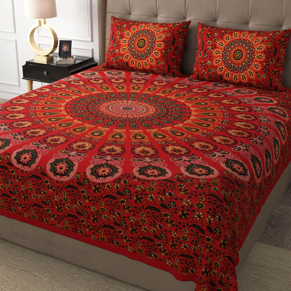 Red Peacock Feather Mandala Cotton Double Bedsheet