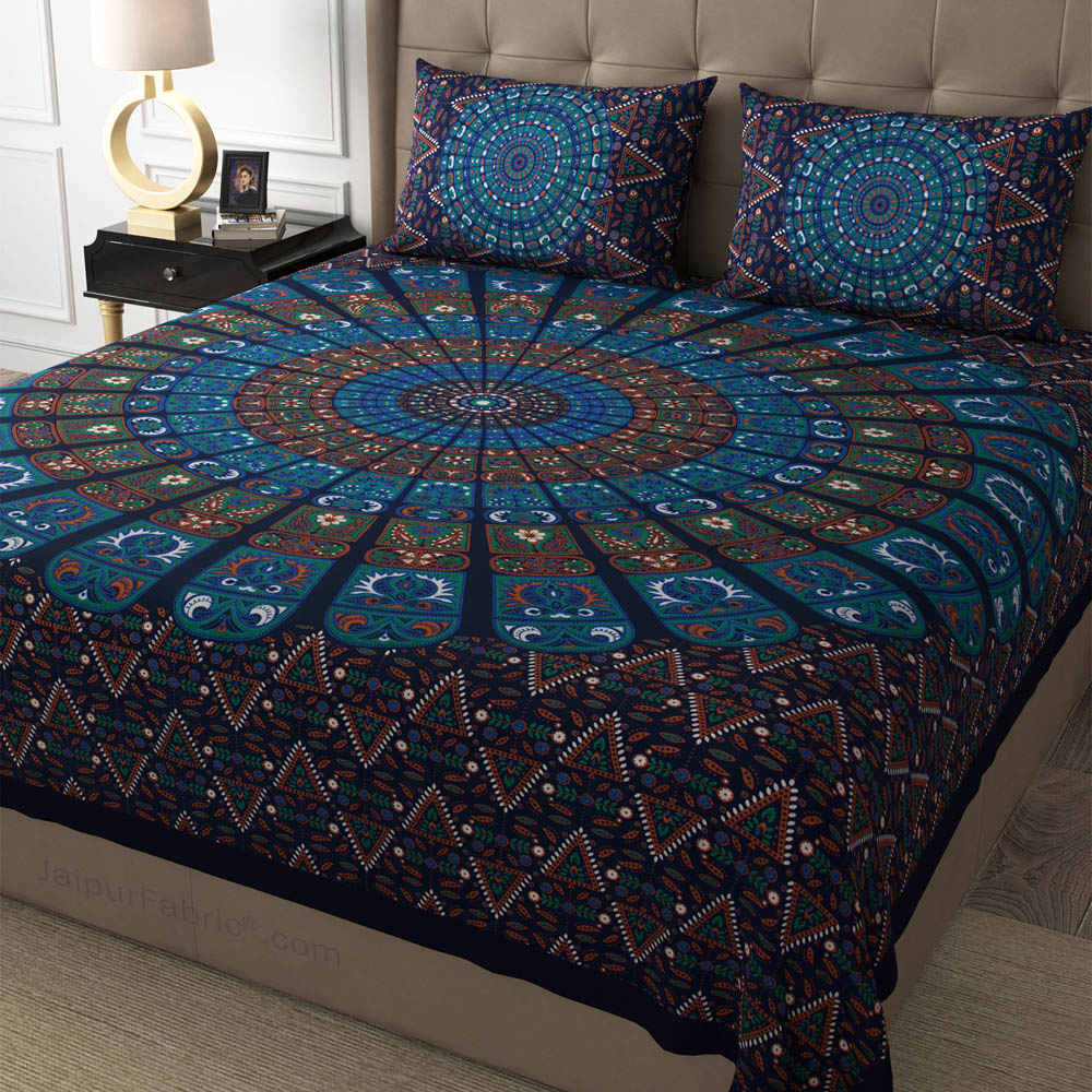 Blue Zigzag Mandala Cotton Double Bedsheet