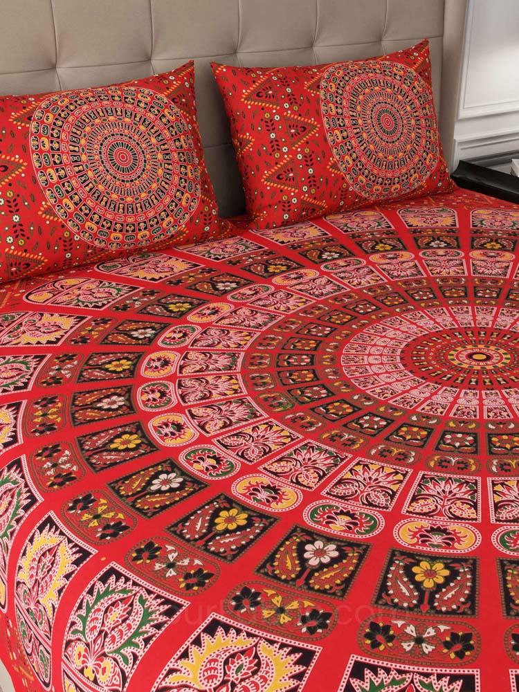 Red Zigzag Mandala Cotton Double Bedsheet