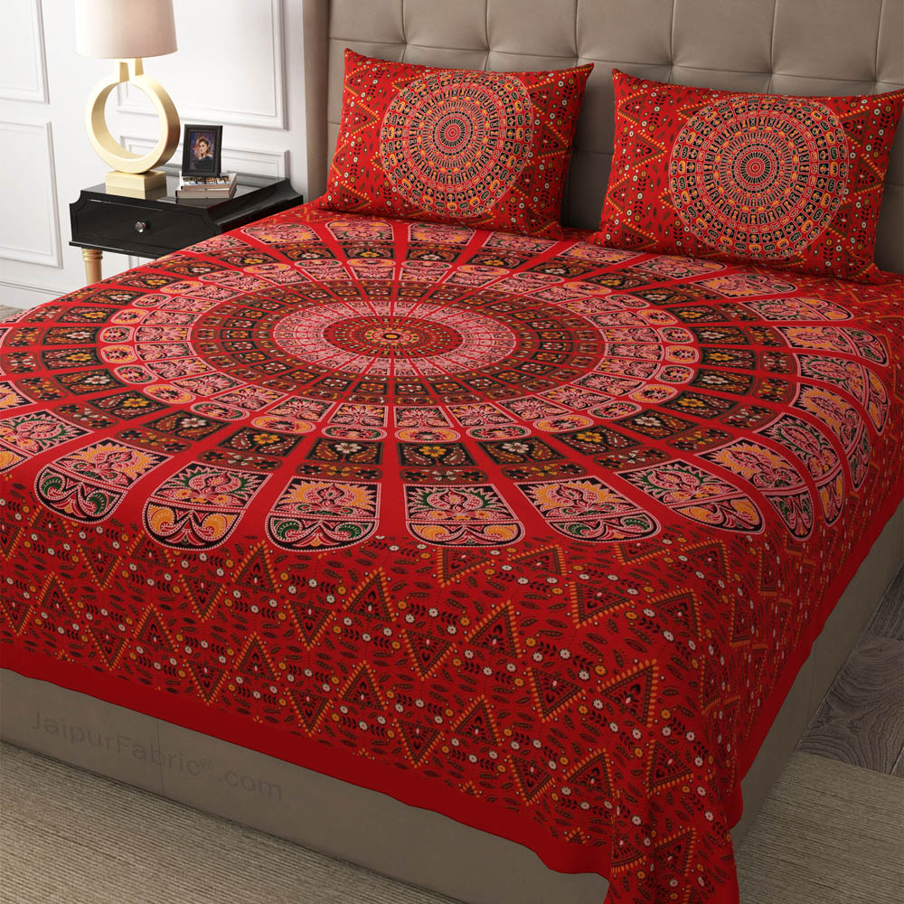 Red Zigzag Mandala Cotton Double Bedsheet