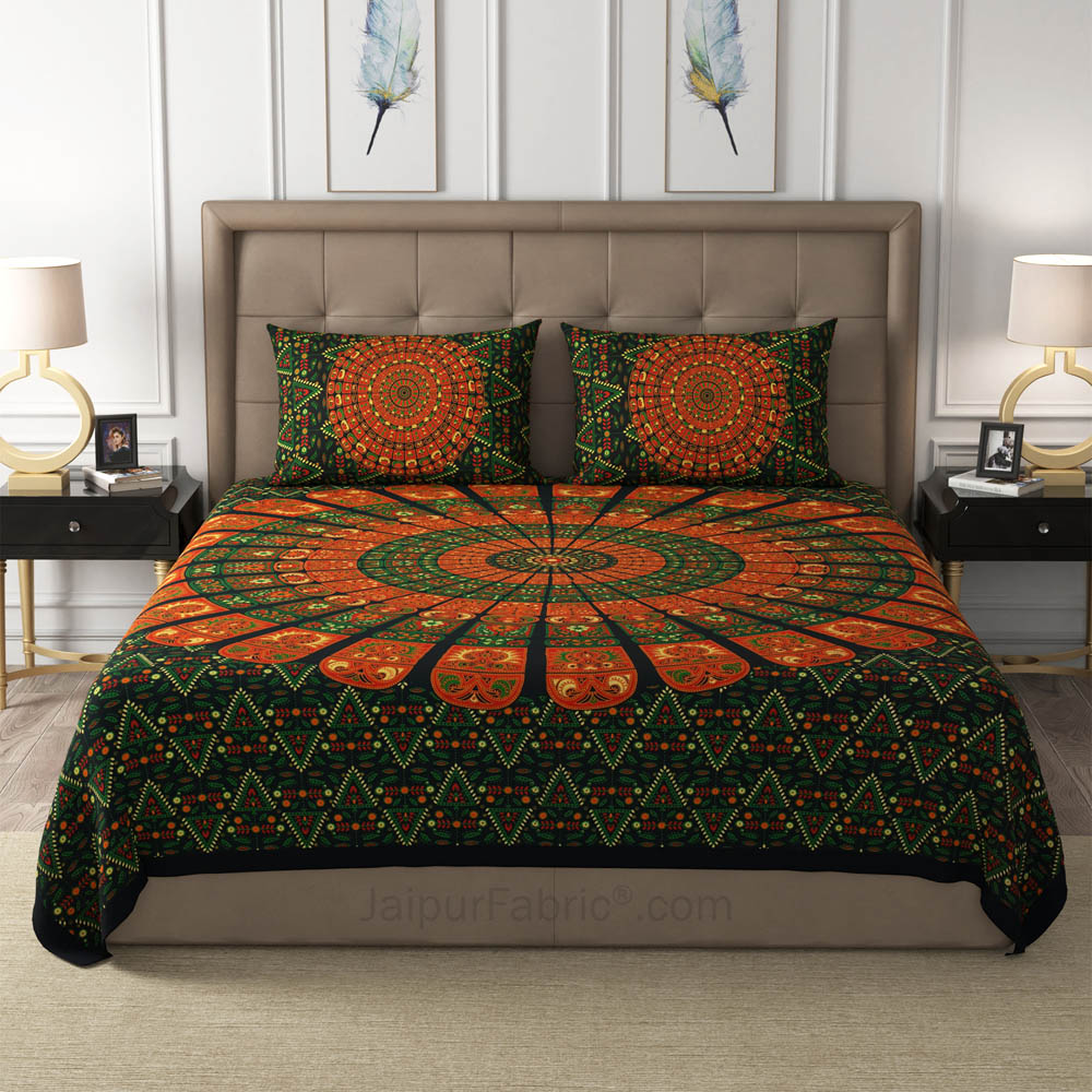 Green Zigzag Mandala Cotton Double Bedsheet