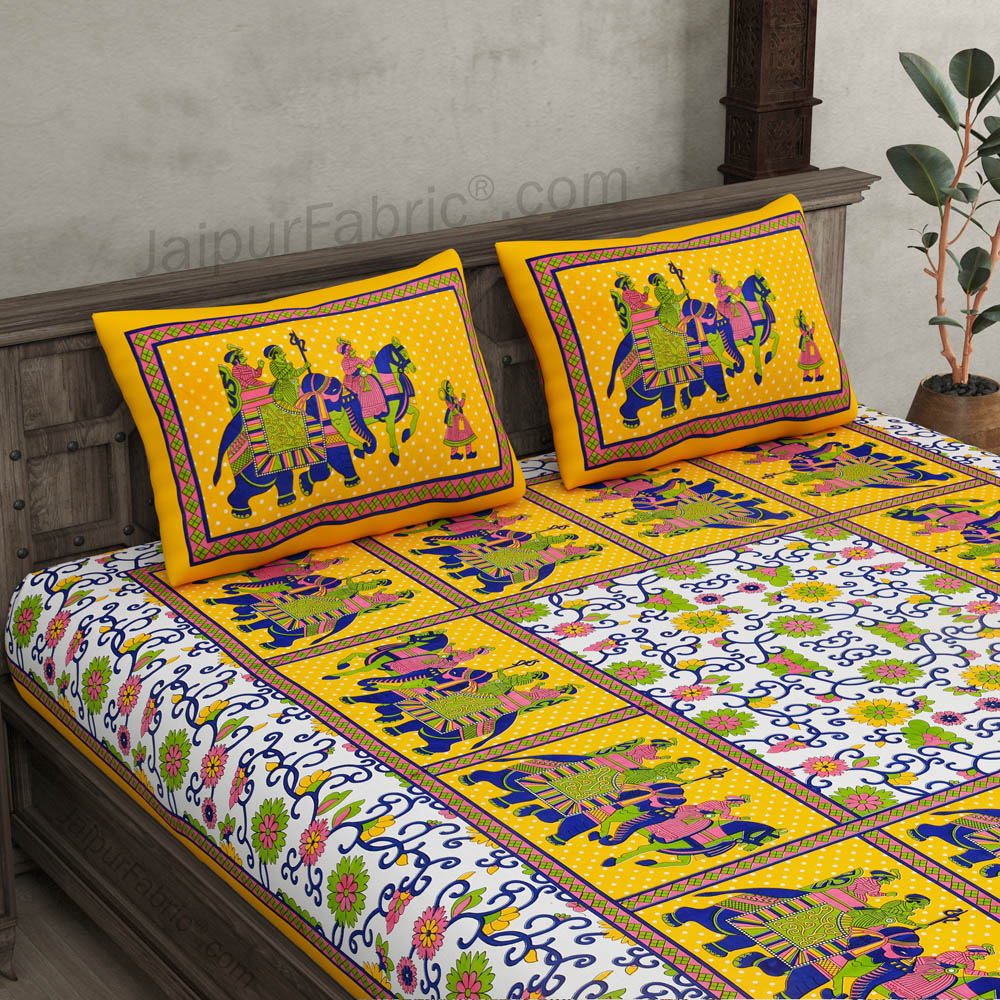 Yellow Border Big Elephant Printed Cotton Double Bed Sheet