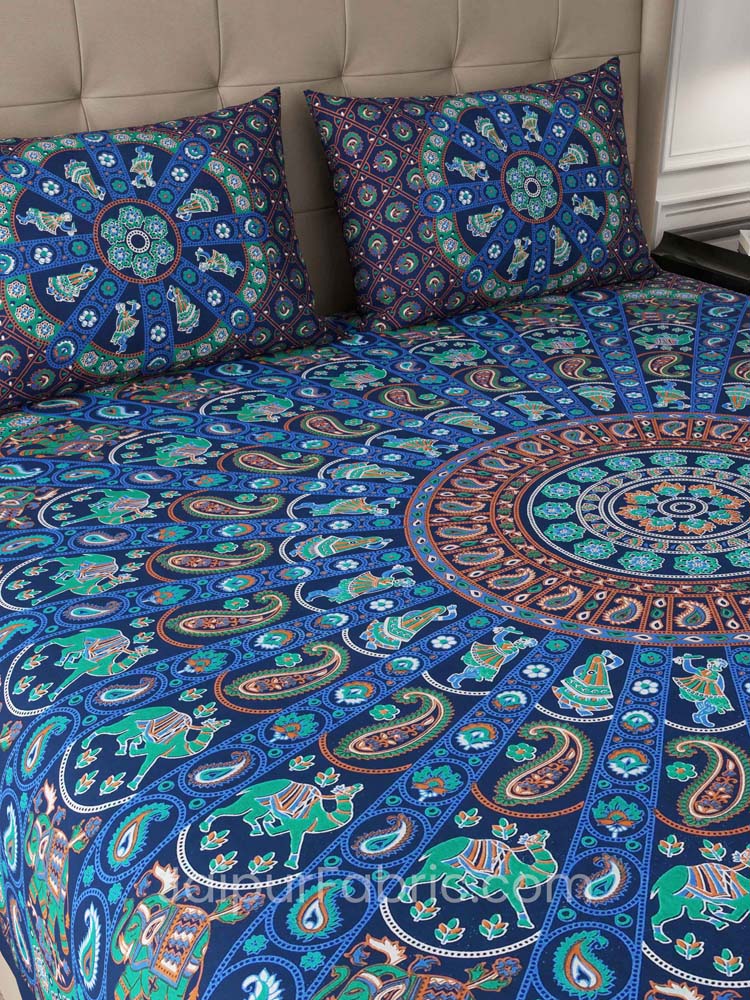 Blue Paisley Mandala Cotton Double Bedsheet