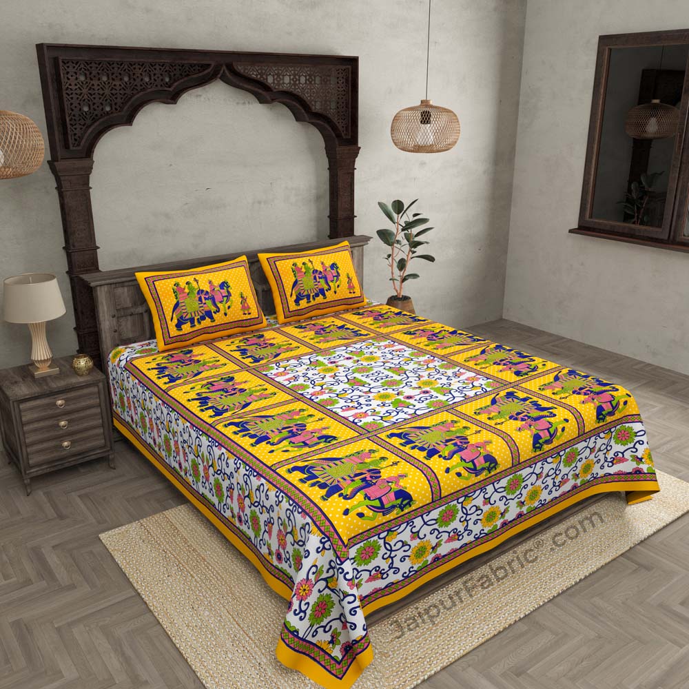 Yellow Border Big Elephant Printed Cotton Double Bed Sheet