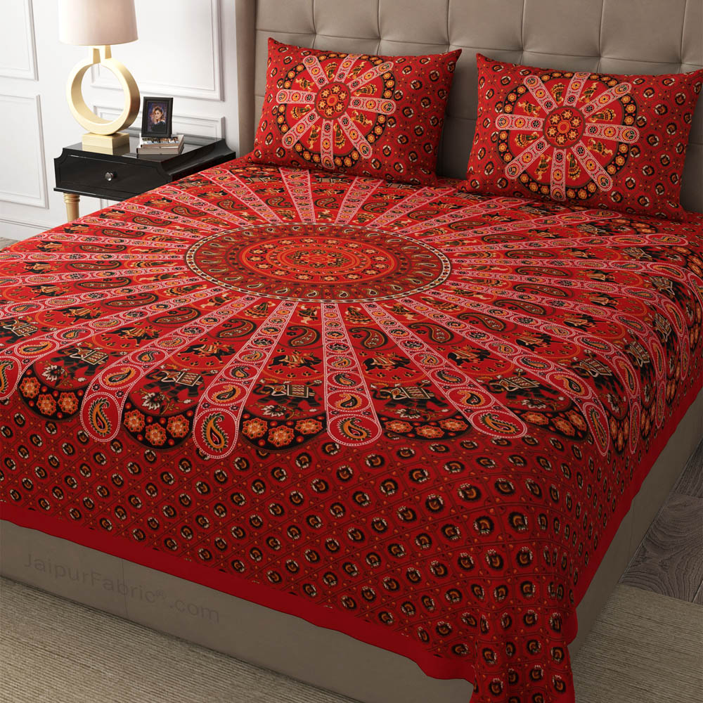 Red Paisley Mandala Cotton Double Bedsheet