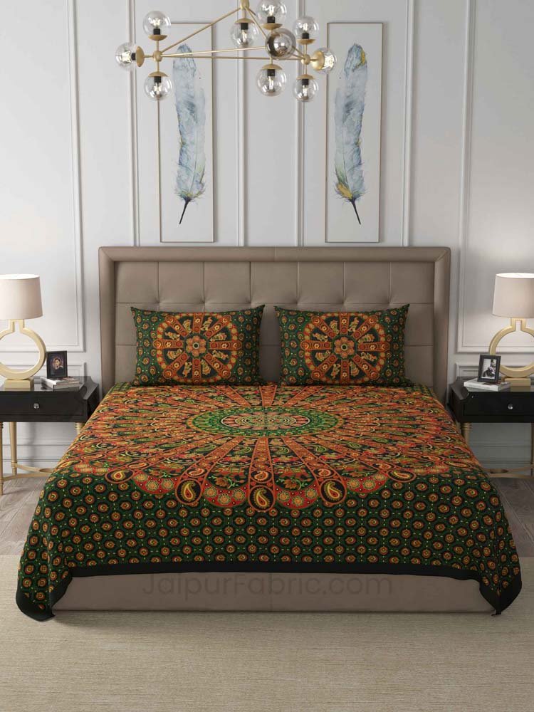 Green Paisley Mandala Cotton Double Bedsheet