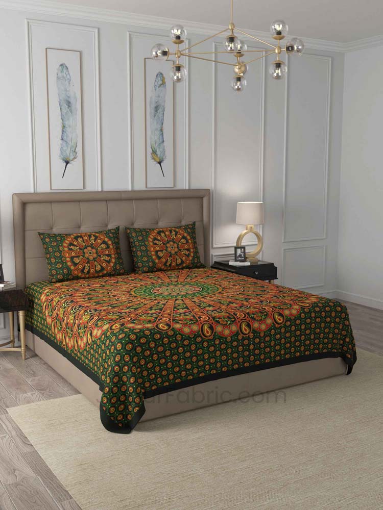 Green Paisley Mandala Cotton Double Bedsheet