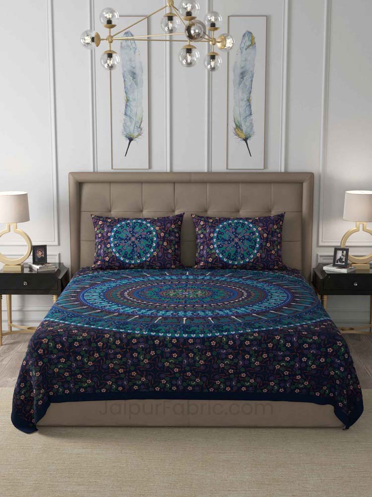 Blue Shahi Barat Mandala Cotton Double Bedsheet