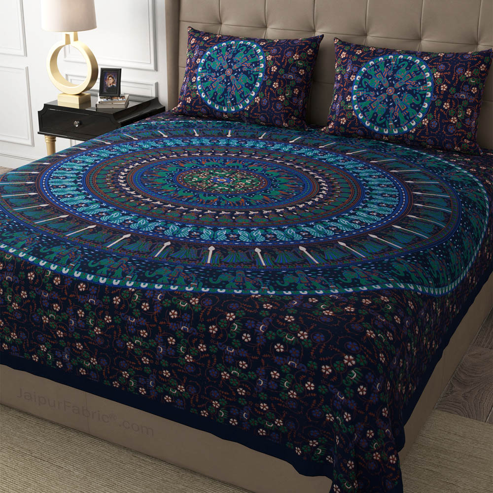 Blue Shahi Barat Mandala Cotton Double Bedsheet