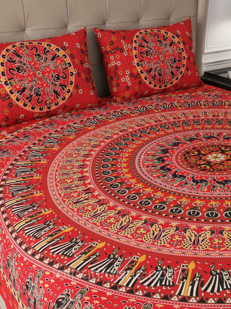 Red Shahi Barat Mandala Cotton Double Bedsheet