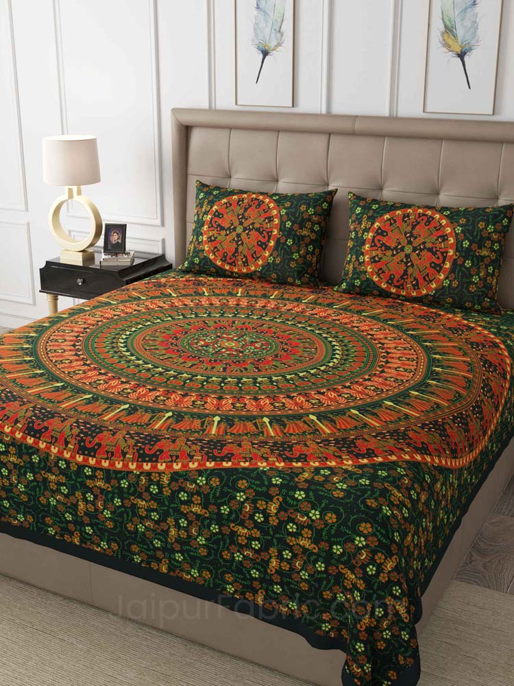 Green Shahi Barat Mandala Cotton Double Bedsheet