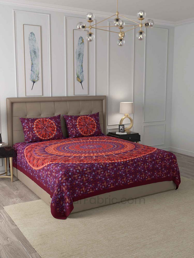 Maroon Shahi Barat Mandala Cotton Double Bedsheet