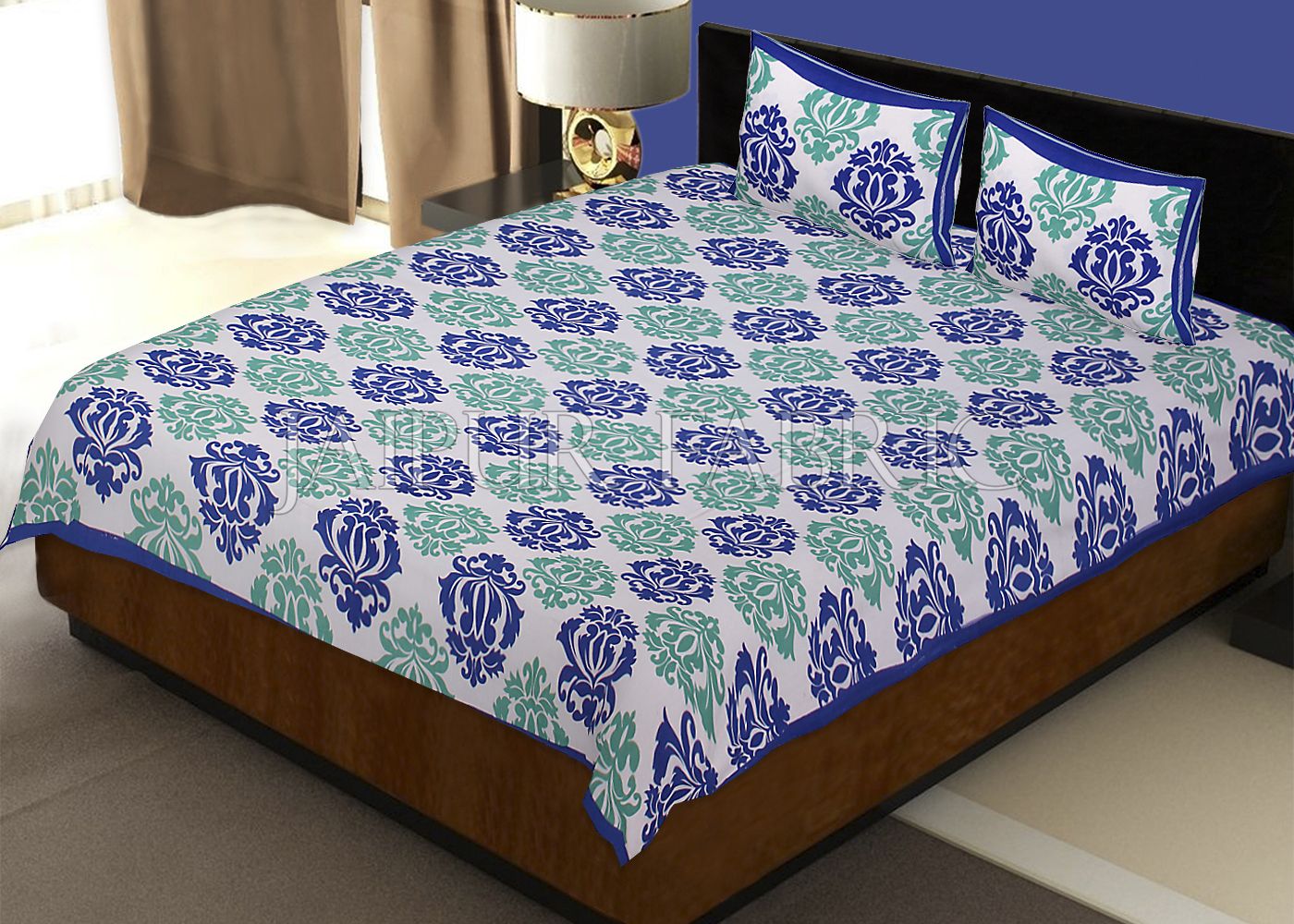 White Base Blue Designer Cotton Double Bed Sheet