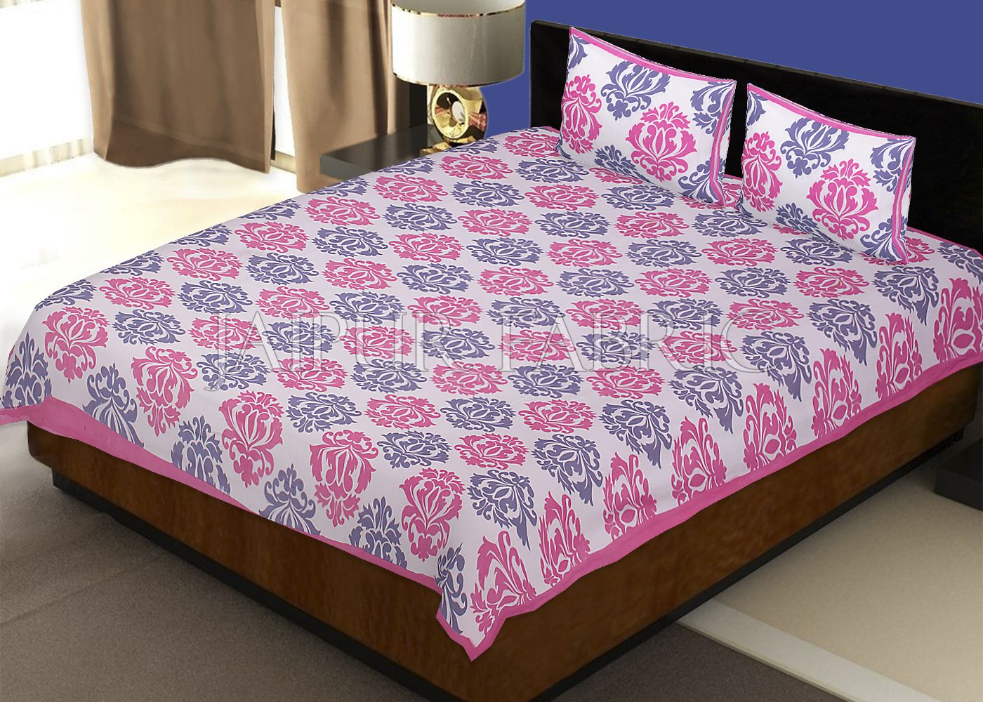 White Base Pink Designer Cotton Double Bed Sheet