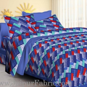 Blue  Border Zig-Zag Pattern Cotton Satin Double Bed Sheet